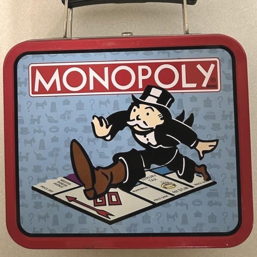 Monopoly Board Game Metal Tin Lunch Box OS Red Blue Mr Monopoly